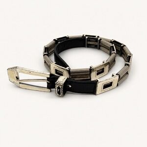 Vintage Nanni Italy 32 Belt Black Leather Silver Brass Metal Mesh Link Rocker